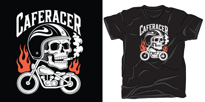 Caferacer motorcycle skull wearing helmet riding custom chopper bike vintage tshirt design with flames and smoke puffs.