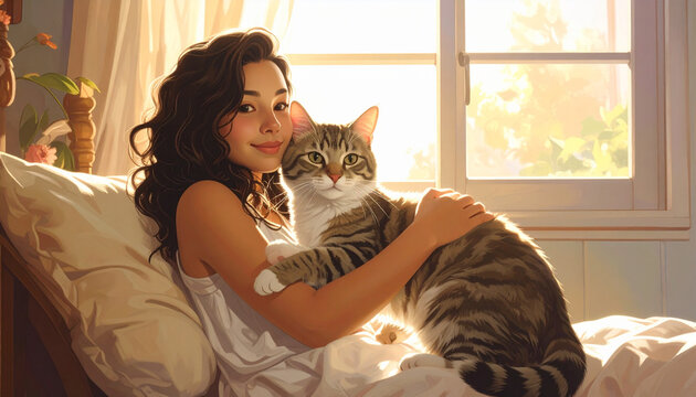 Young woman hugging tabby cat
