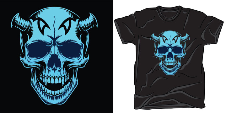 Demon skull face tattoo illustration design concept for t-shirt print or sticker or poster vector art design element.