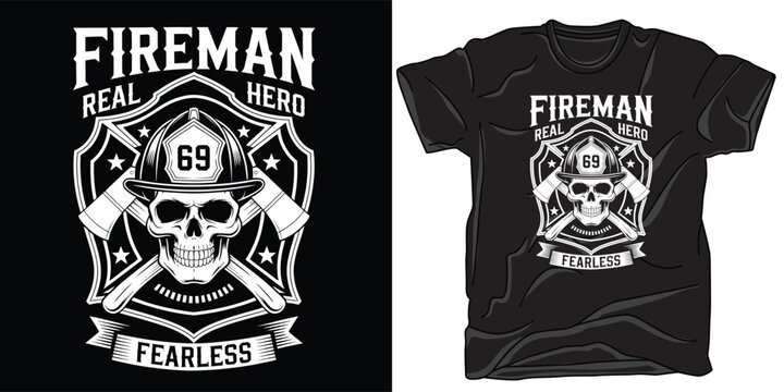 Fireman skull hero t-shirt design with axes and safety helmet graphic for firefighter apparel and merchandise clothing.