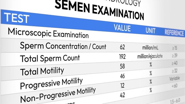 Semen Examination Test Report. Sperm Count Analysis, Clinical Andrology, Motility Assessment, Fertility Evaluation, Reproductive Health Screening. Random Semen Examination Test Report Video Animation