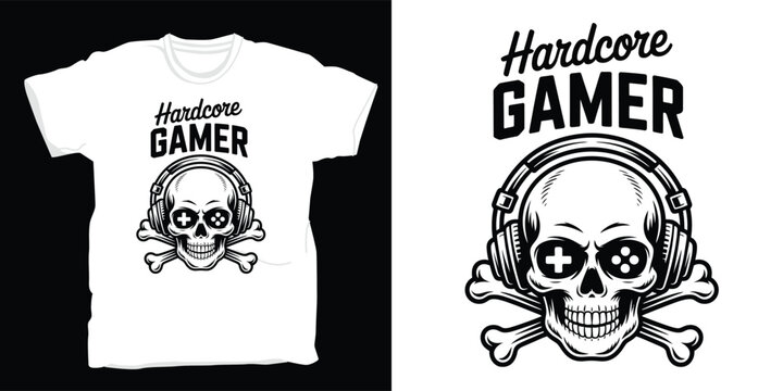 Hardcore gamer skull wearing gaming headphones with controller icons bones and crossbones digital sport gaming shirt art.