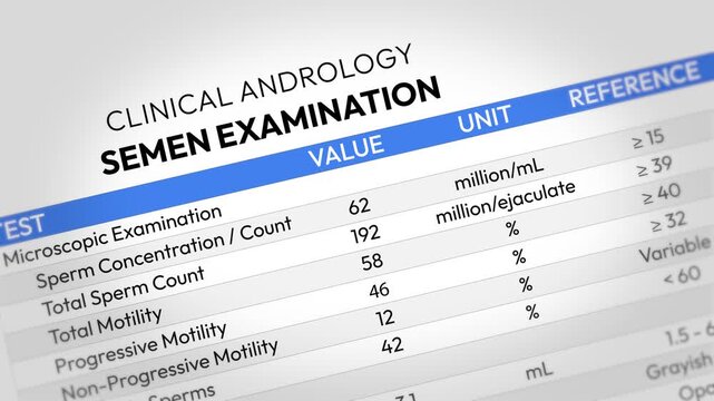 Semen Analysis Test Report. Clinical Andrology, Sperm Count Analysis, Motility Assessment, Fertility Evaluation, Reproductive Health Screening. Random Semen Examination Test Report 4K Video Animation