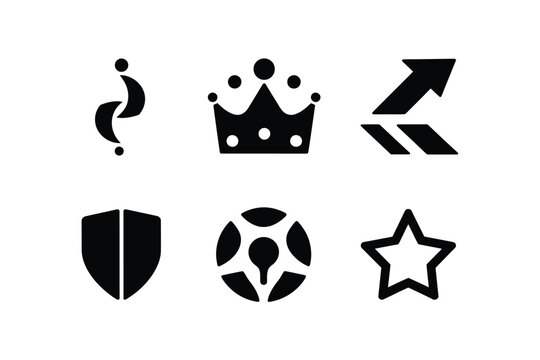 A collection of six black including a curved abstract shape with dots, a royal crown, an upward pointing arrow, a split shield, a circular segmented and a simple five-pointed star