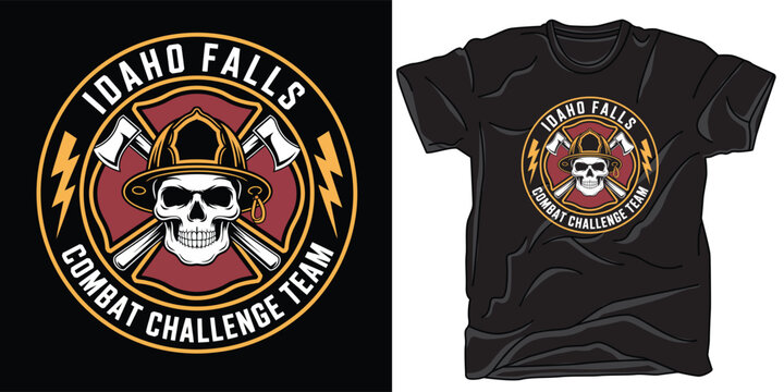 Idaho falls combat challenge team t-shirt design, black t-shirt mockup with firefighter skull graphic.