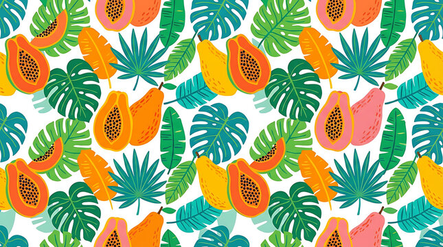 Vibrant tropical fruit seamless pattern with papaya mango and monstera