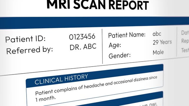 MRI Scan Test Report. Diagnostic Imaging, Radiology Examination, Medical Evaluation, Human Examination, Internal Organ Analysis, Healthcare. Random MRI Scan Test Report 4K Video Animation