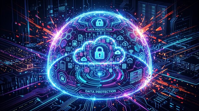 futuristic digital shield protecting critical data cloud technology and cybersecurity