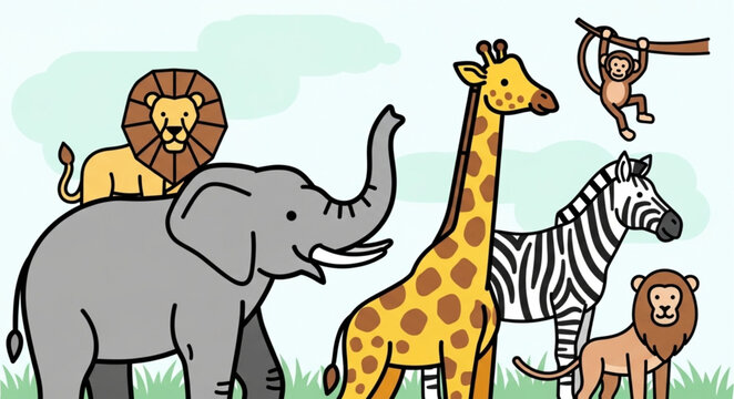 Collection of cartoon safari animals including elephant lion giraffe zebra monkey.