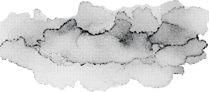 Abstract ink stain texture with halftone dot pattern on transparent background, grunge modern design element.