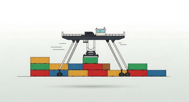 Container crane moving cargo at shipping port
