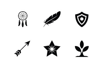 Fototapeta premium A set of six black featuring a dreamcatcher, a bird feather, a shield with a circle, an arrow with feathers, a star with a burst, and a plant sprout on a white background