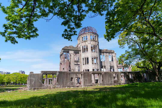 Historic A-Bomb Atomic Bomb Dome, Peace Memorial Park - Hiroshima, Japan on a sunny day
