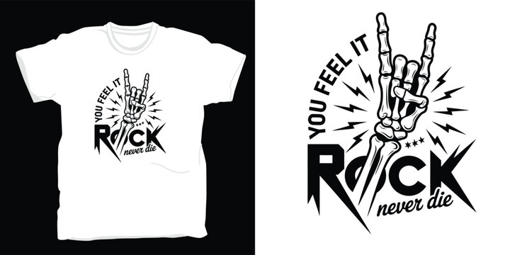 Rock music gesture skeleton hand making horns sign, thunder, rock and roll never die slogan, t-shirt graphic.