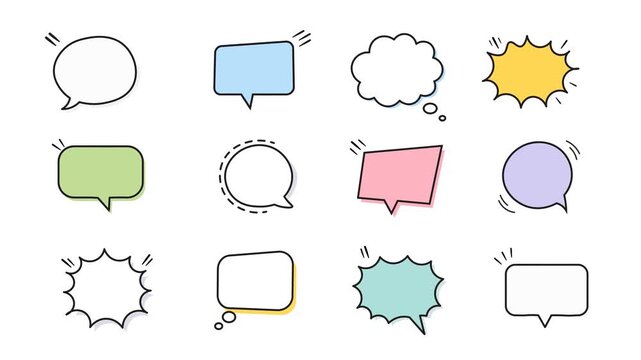 Creative Collection Of Animated Speech Bubble Icons In Various Shapes And Styles Including Chat Bubbles, Comic Dialog Boxes, Thought Clouds, And Message Symbols In A Modern Flat Design Style. 