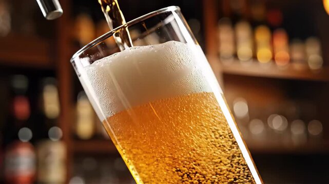 Beer being poured into glass from tap in bar. Golden alcoholic beverage filling container with foamy head for pub service. Refreshing drink concept closeup.