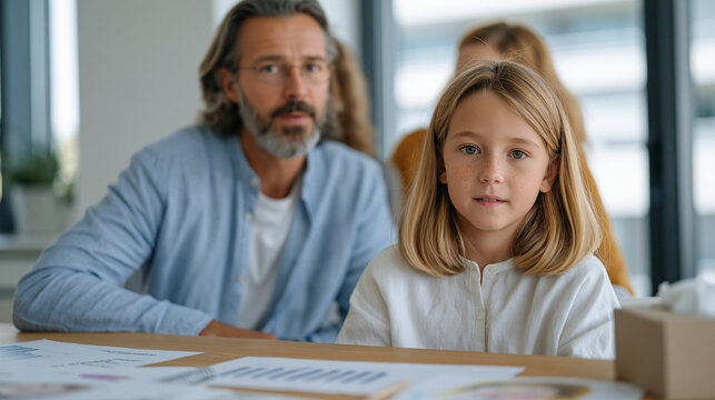 School psychologist presenting learning assessment results to parents of highly capable student, bar charts showing asynchronous development, parents absorbing complex information, professional offi