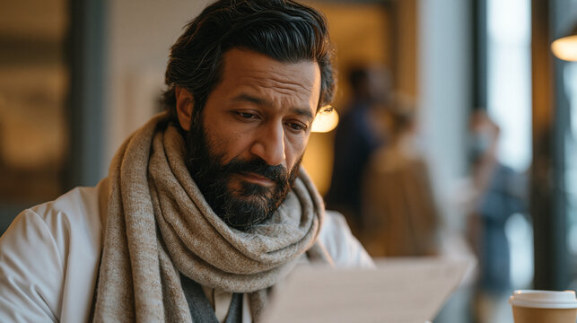 Pakistani doctor in a hospital break room staring at a letter from USCIS about his employment-based green card, coffee going cold beside him, other staff moving past the open doorway, years of waiti