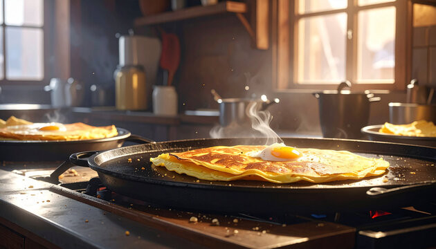 Golden pancake with fried egg