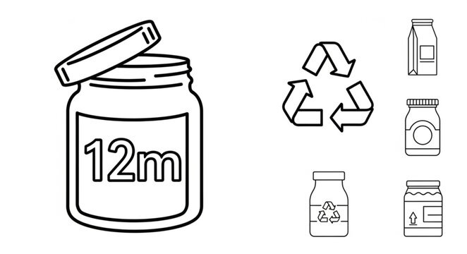 Recycling symbol on glass jar with 12m label and other containers.