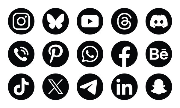 Social media logo icons. Facebook, Instagram, X , YouTube, LinkedIn, Threads, Pinterest, Telegram, Bluesky, WhatsApp, TikTok, Snapchat, Behance & Discord vector circle button set 2026. vector eps file