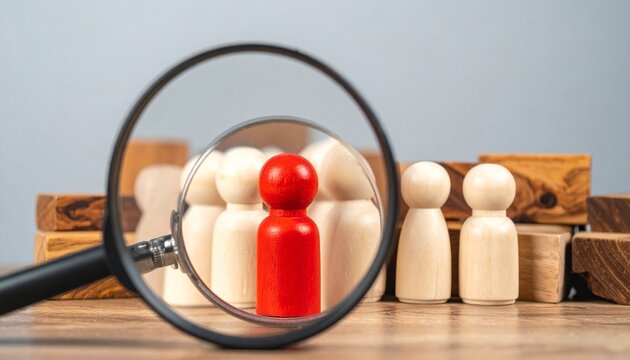 "Magnifying glass highlighting red figure among wooden group."