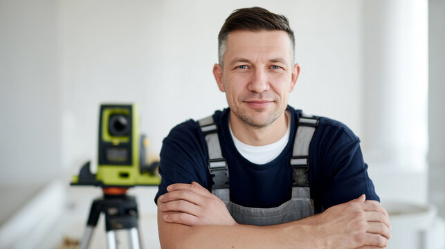 Confident smiling male handyman with arms crossed posing near laser level tripod in bright white apartment. Professional renovation specialist, trustworthy home improvement service.