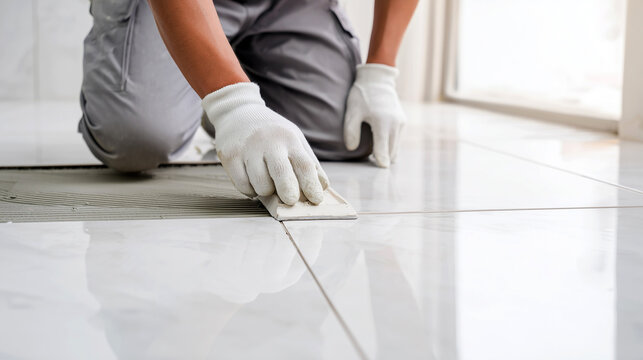 Worker installing white ceramic tile floor gloves indoor construction renovation home improvement. Professional tiling work laying grouting bathroom interior building contractor repair service.