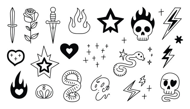 Vintage tattoo flash set skulls roses daggers and traditional symbols