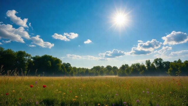 Sunny meadow with wildflowers and distant tree line