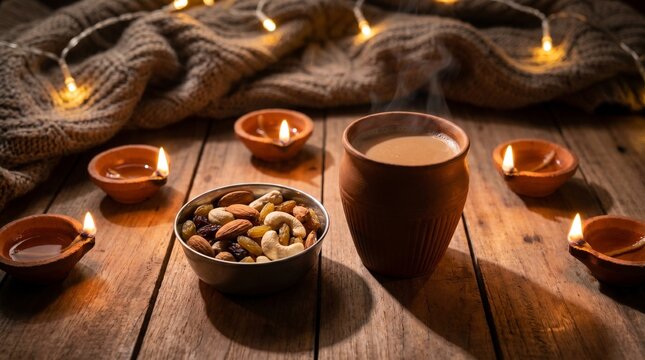 Cozy Diwali evening setup with steaming masala chai in a clay kullad, dry fruits, and burning diyas on a wooden table