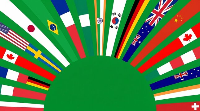 Global flags arranged in a semicircle on a green background