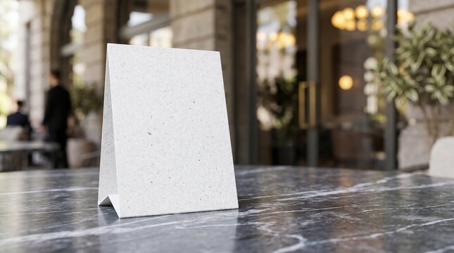 Blank table tent menu mockup on a marble table at a restaurant