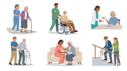 Fototapeta premium Elderly Caregiver Assistance and Rehabilitation Support Flat Vector Illustration Set