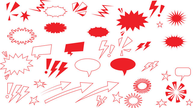 Bright red comic book style speech bubbles and explosive impact shapes are captured in this vibrant graphic photograph to help designers create dynamic action effects within their creative digital pro