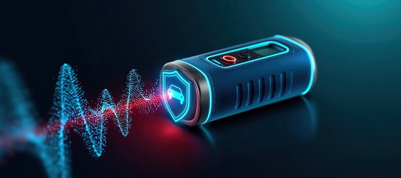 Breathalyzer device emitting holographic waveform toward shielded car icon for impaired driving prev