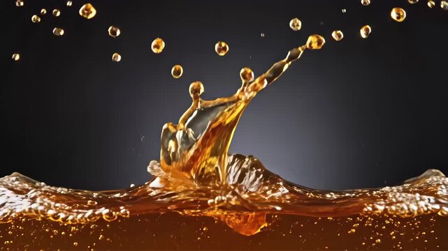 Amber liquid splashing against dark background. Golden beverage dripping and rippling in motion. Macro view of abstract fluid dynamic for refreshment advertisement.