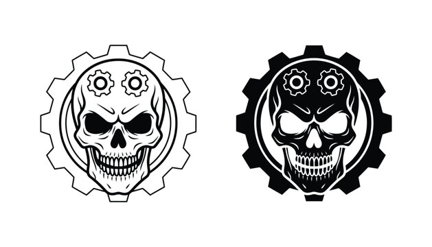Steampunk skull inside mechanical gear cog in outline and solid black silhouette styles for industrial horror graphics