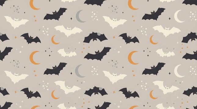 Flying bats and crescent moons pattern on neutral background