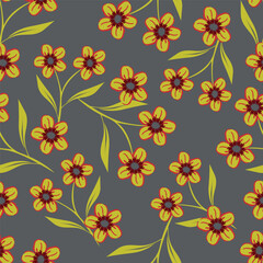 Fototapeta premium Seamless tropical floral pattern with pink flowers and red leaves on beige background modern botanical design for fabric wallpaper wrapping paper. 