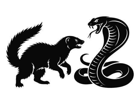 Epic Confrontation Between Mongoose and Cobra Snake Vector Silhouette Illustration