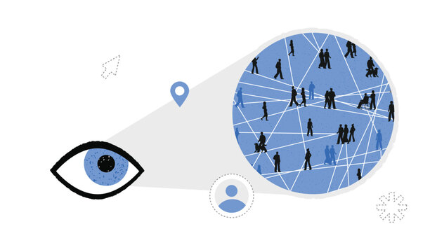 Conceptual illustration of a human eye analyzing a complex network of people and connections. Abstract metaphor for Big Data analytics, OSINT, digital monitoring, and information gathering.