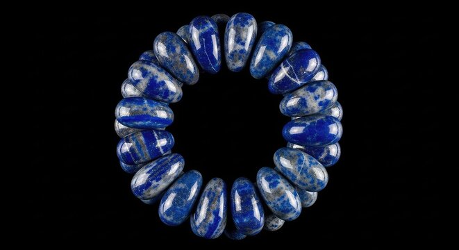 A top-down view of polished azure lapis lazuli stones arranged in a perfect ring around a void, creating a mystical and elegant design, craft, shape, element