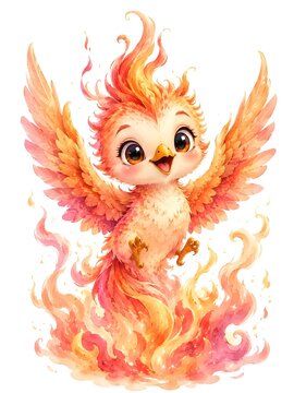A cheerful baby phoenix rises from vibrant watercolor flames with wings spread wide.