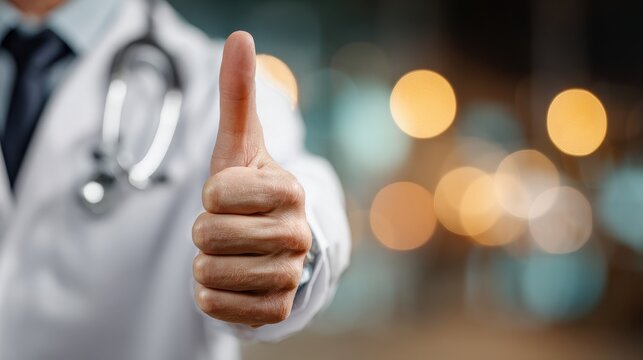 Thumbs up gesture from a medical professional in a white coat