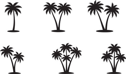 Collection of black palm tree silhouettes simple vector illustrations for tropical themes beach designs and summer concepts isolated on white © qurat