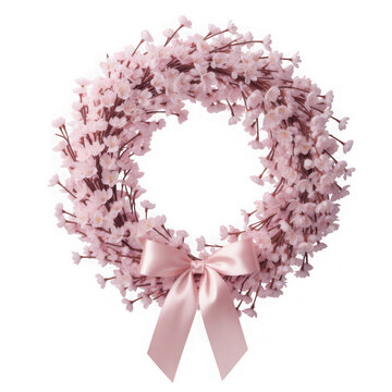 Pink cherry blossom wreath with satin bow as cut out PNG isolated on transparent background