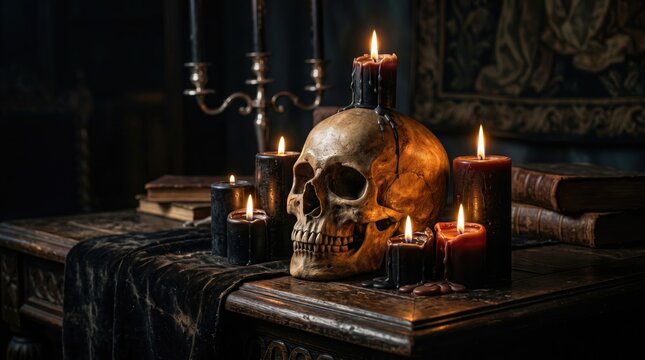 Skull with candles on antique table in dimly lit gothic setting