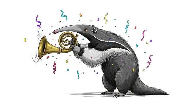 A whimsical sketch of a long-nosed anteater enthusiastically blowing into a curly brass horn amidst colorful confetti and party streamers, hand-drawn, mammal, celebration