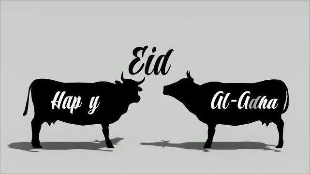 Silhouettes of cows with happy eid al-adha text on grey background